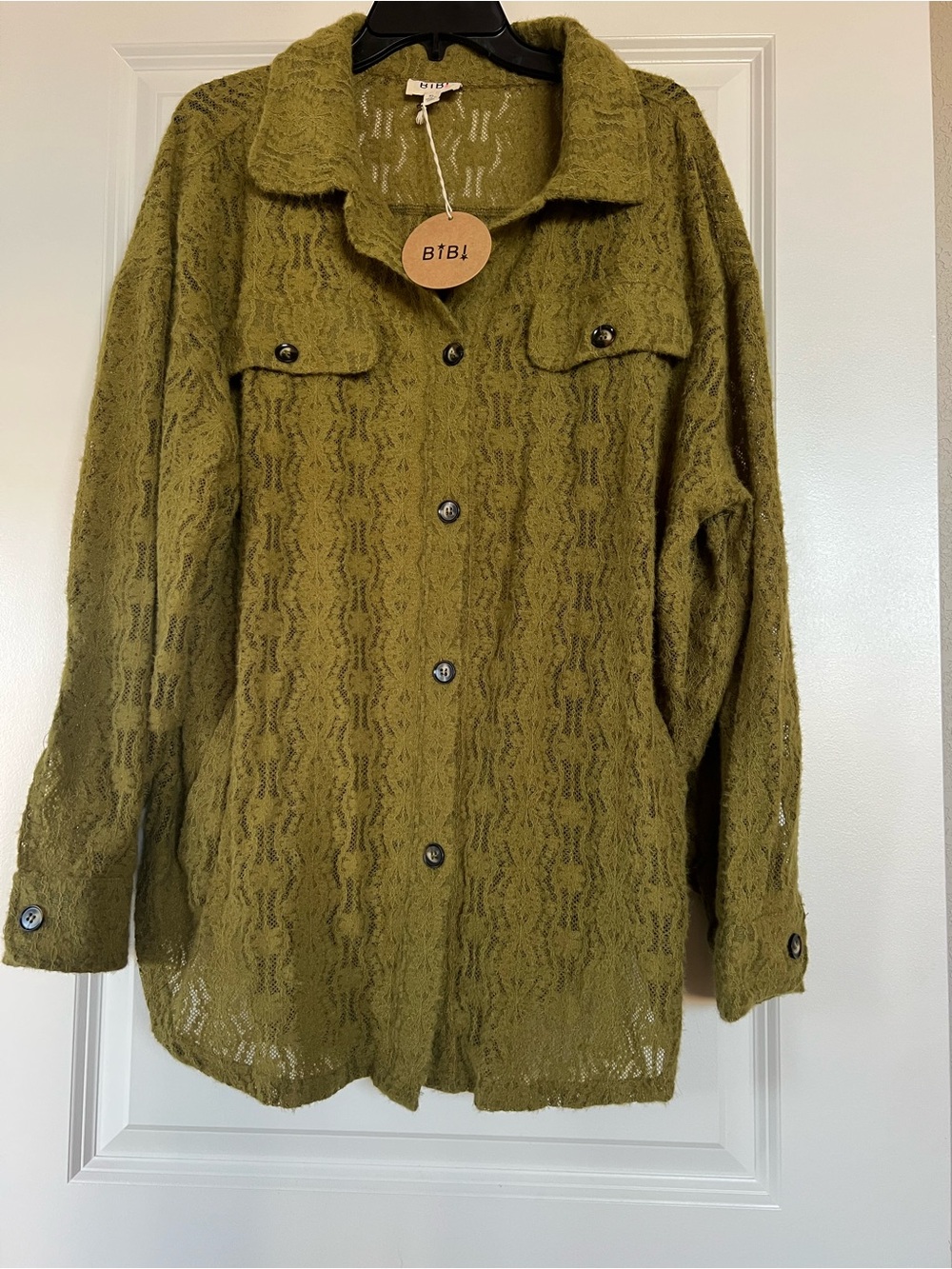 BiBi Olive Lace-Knit Button Front Shacket